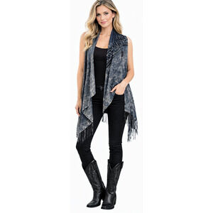 Vocal Sleeveless Duster Size Large Acid Wash Gray Cross Fringe Southwestern